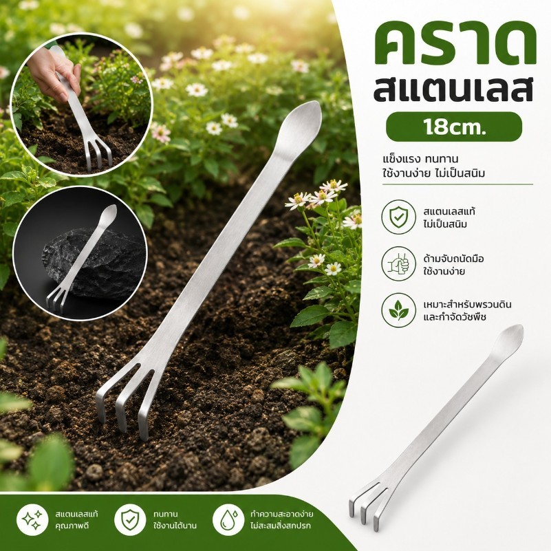 คราดสแตนเลส 18cm. คราดพรวนดิน อุปกรณ์ทำสวนย่อม Stainless Steel #AQ-0004