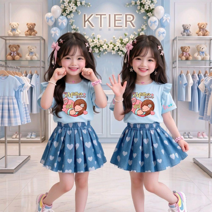 ชุดเซ็ทเด็ก วันแม่ เสื้อแขนปีกนก+กระโปรงอัดพลีท
