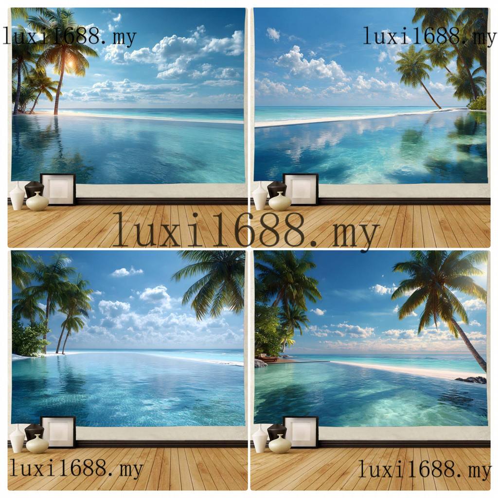Custom Tropical Coconut Palm Infinite Horizon สีขาว Beach Ocean Landscape Wall Mural Self กาววอลล์เป