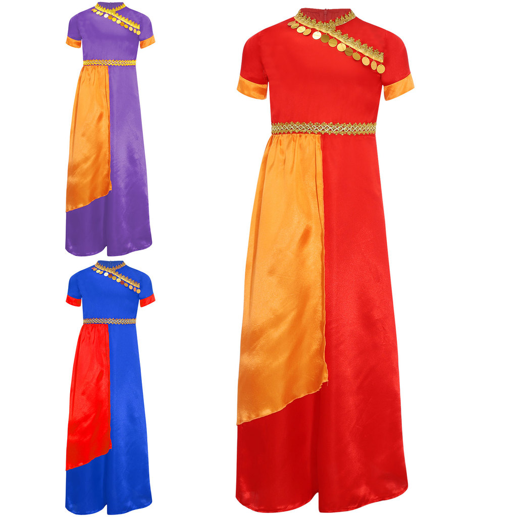 Choomomo ชุดแฟนซี Saree อินเดีย State Dance เครื่องแต่งกายสําหรับสาวแขนสั้น Gold Trim Gold Circles สี Contrast Dress Up เครื่องแต่งกาย