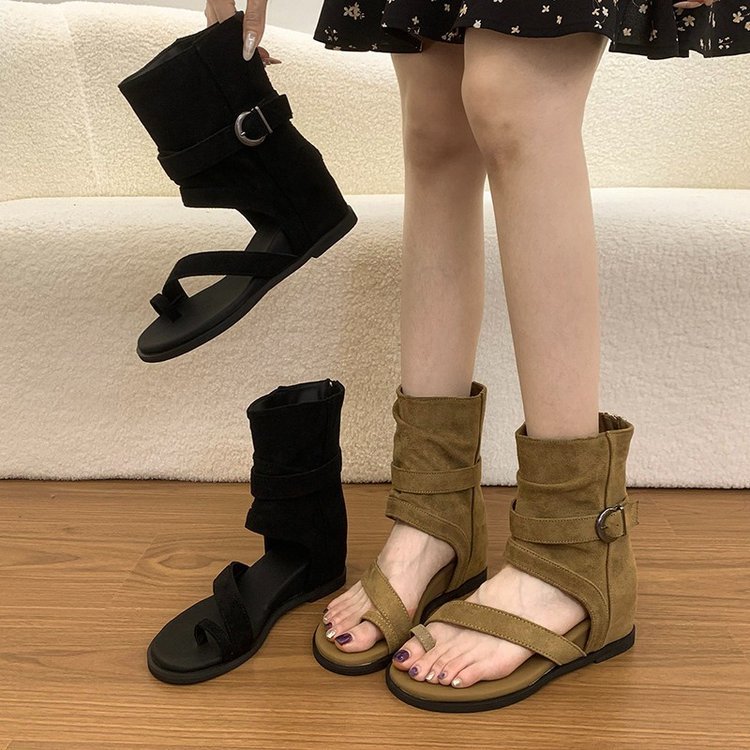Retro Pile Tube เปิดนิ้วเท้า Flip-Toe Sandals สองสีเสริมสุภาพสตรีรองเท้าลําลองกลางแจ้ง