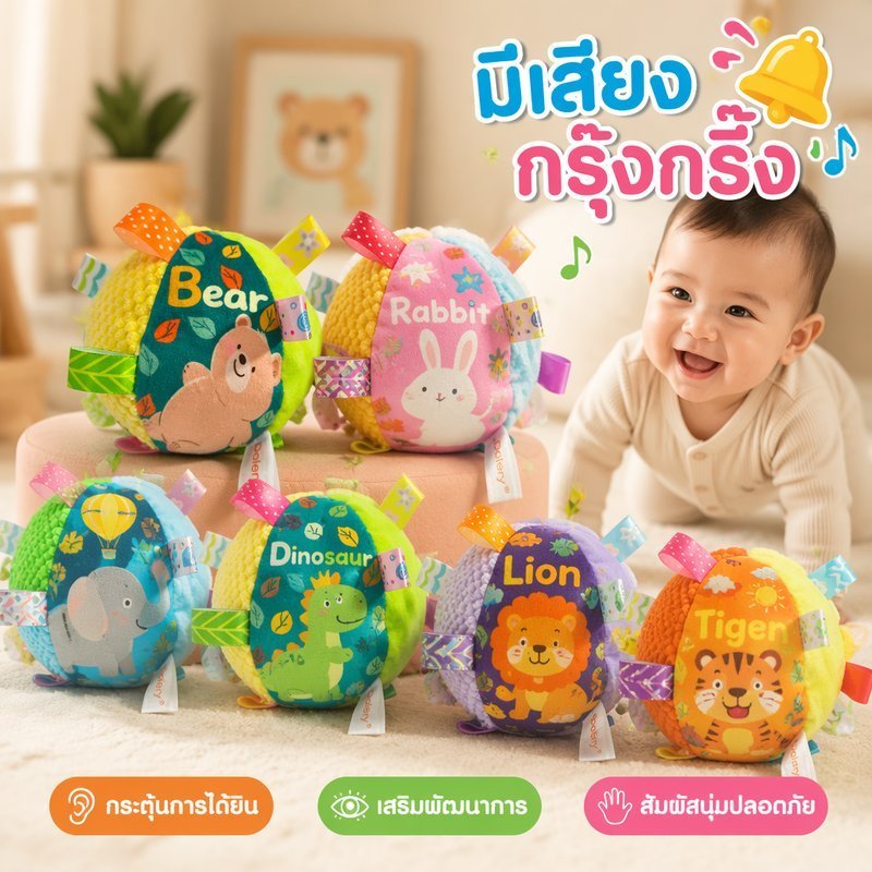 Baby Crawling Soft Cloth Ball Jingle Sound ของเล่นประสาทสัมผัสที่มีสีสันตุ๊กตาสั้น Safe Grip