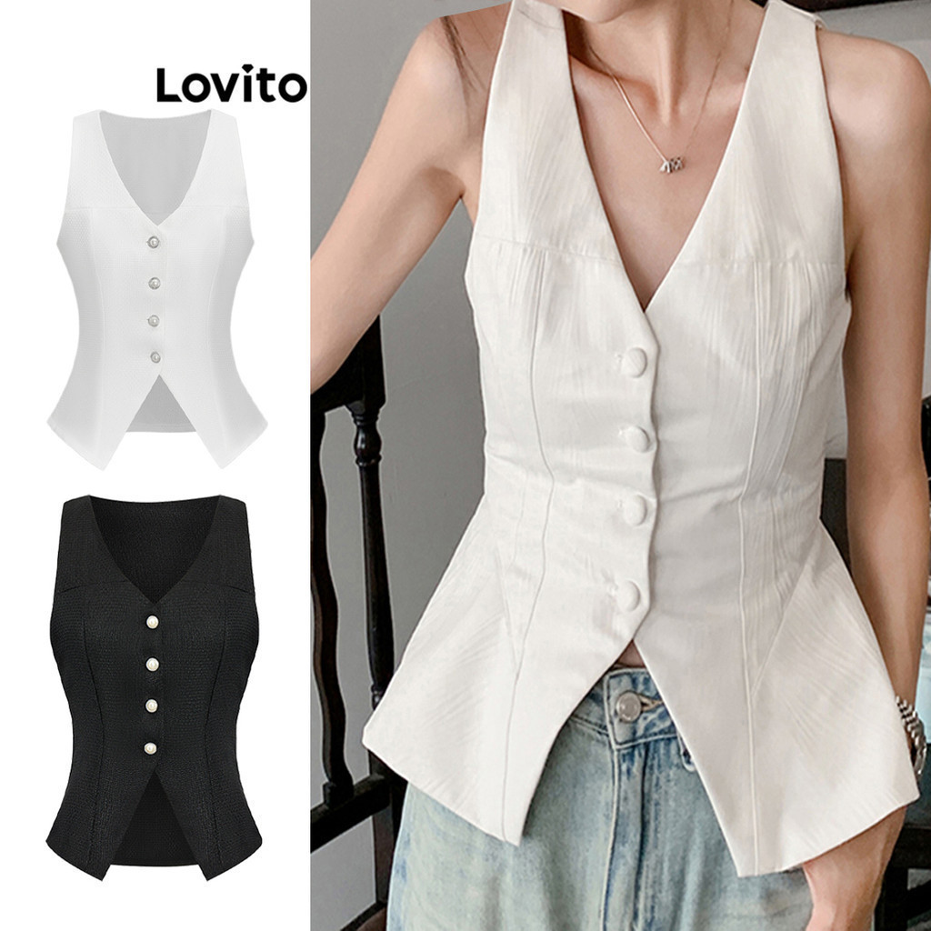 Lovito สง่างาม เสื้อกล้ามเสื้อกล้ามกระดุมไข่มุกธรรมดาสําหรับผู้หญิง เกาหลี อินเทรนด์ L67AD039 (สีขาว)