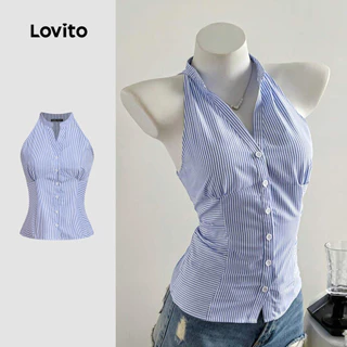 Lovito แคชชวล กระดุมลายทางลําลองเรขาคณิตจีบฤดูร้อนฤดูใบไม้ผลิเสื้อสายเดี่ยวสีฟ้าและสีขาวสําหรับผู้หญิง L135ED386