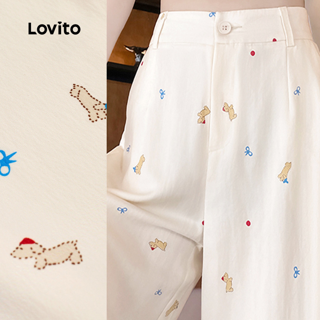 (แคชชวล) Lovito กางเกง  ปลอมกระเป๋า ชุดตลอดปี สีขาวอมไข่ สำหรับผู้หญิง เกาหลี อินเทรนด์ L144AD012