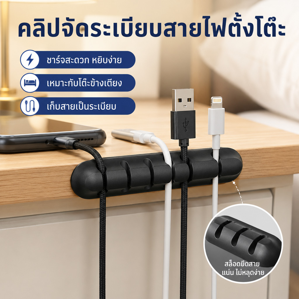 ที่จัดเก็บสายไฟแบบกาวในตัว 3/5/7 ช่อง ไม่ต้องเจาะ ติดแน่น ทนทาน ช่วยจัดระเบียบสายไฟบนโต๊ะทํางาน มีให้เลือกสีดํา/ขาว