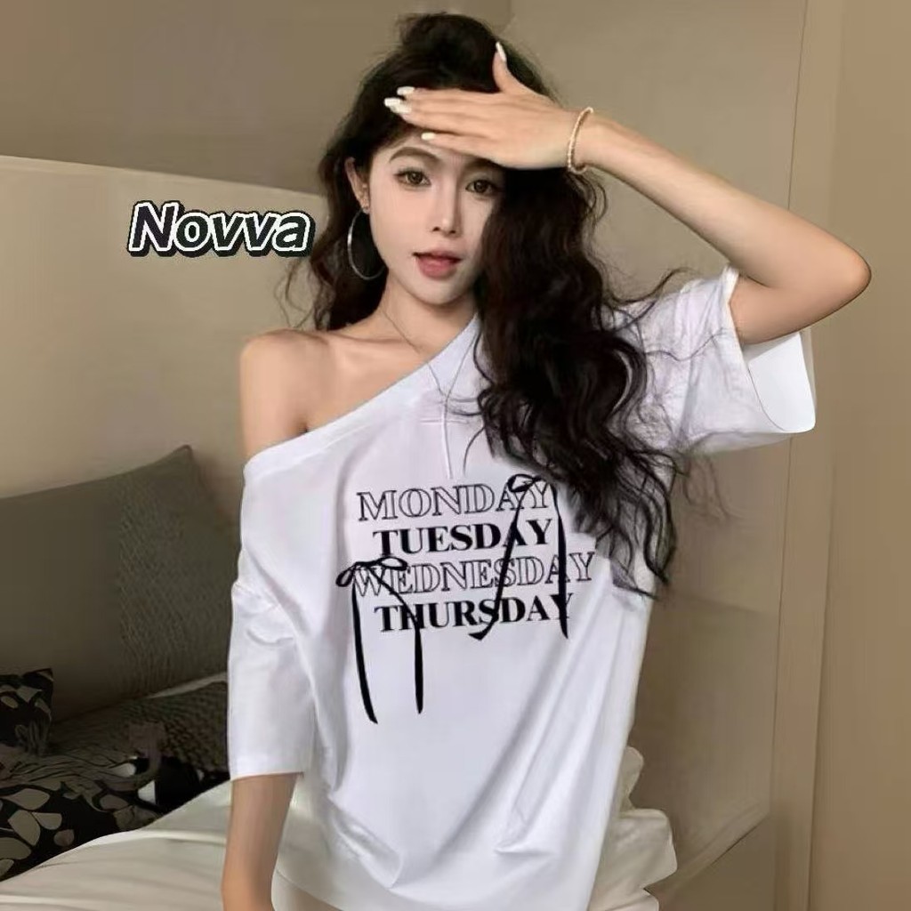ส่งไวจากไทย เสื้อยืดเปิดไหล่ สไตล์ย้อนยุคแบบอเมริกัน มีสีให้เลือกมากมาย ทรงหลวม Novva
