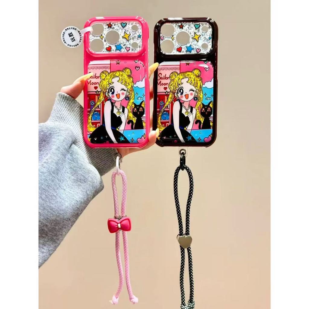 อะนิเมะญี่ปุ่นขอบสีดําลายเพชรสาวสวยแมวดําเหมาะสําหรับ17โปรแม็กซ์เคสโทรศัพท์16ไอโฟน15กรณี
