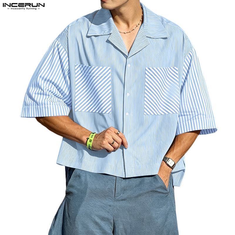INCERUN ผู้ชายเกาหลีธุรกิจลําลอง Turn-Down-Collar 3/4 Sleeve Stripe Patchworkไม่สมมาตร Hem เสื้อ