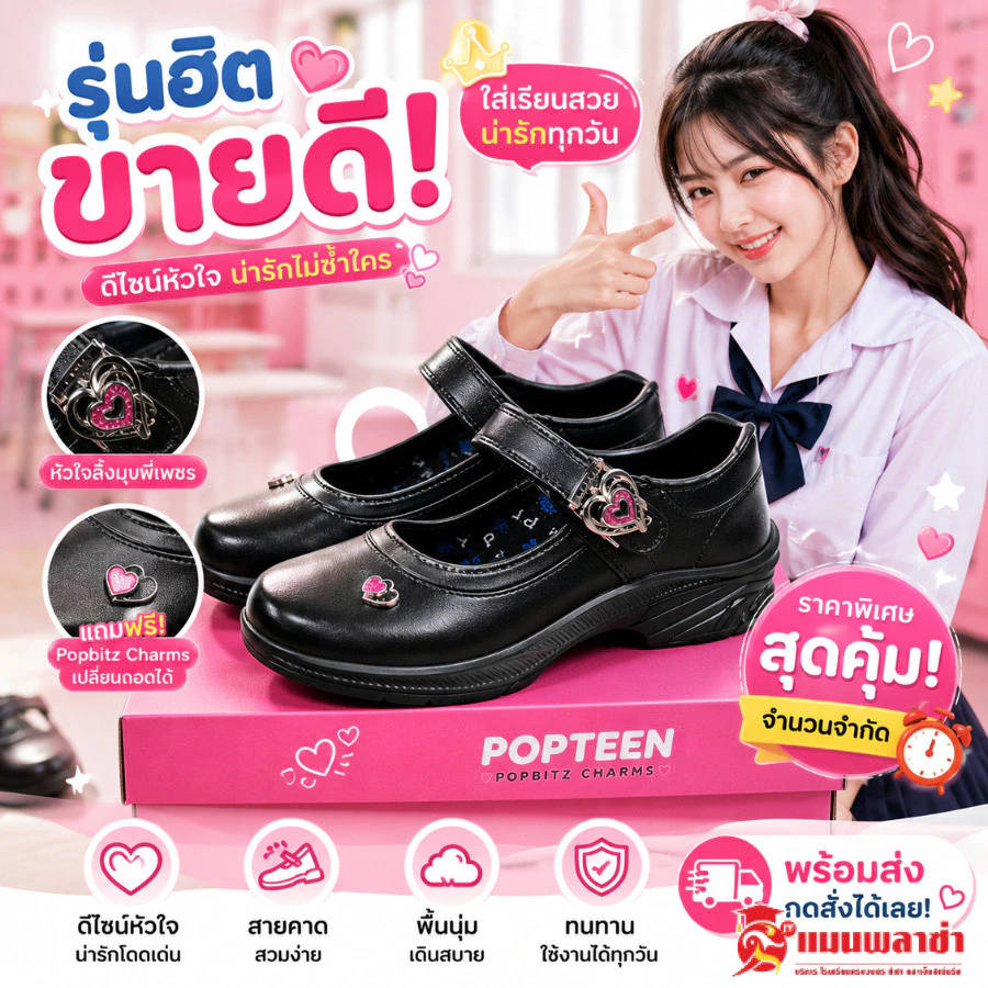 รองเท้านักเรียนผู้หญิง รองเท้านักเรียน POPTEEN รุ่น Popbitz Charms