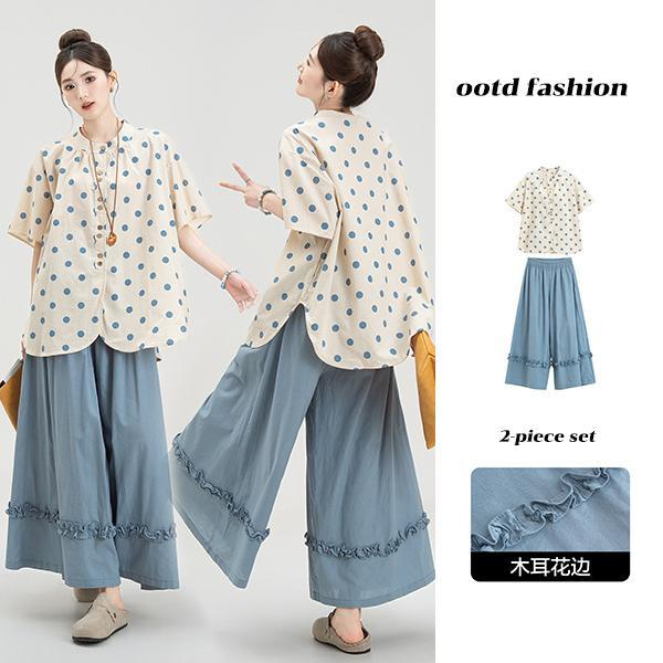mimi-ชุด 2 ชิ้น:เสื้อแขนสั้นลายจุดดีไซน์สบายๆ จับคู่กับกางเกงขายาวทรงบานสไตล์เรโทร ปลายขากางเกงตกแต่งด้วยลูกไม้#99565+66