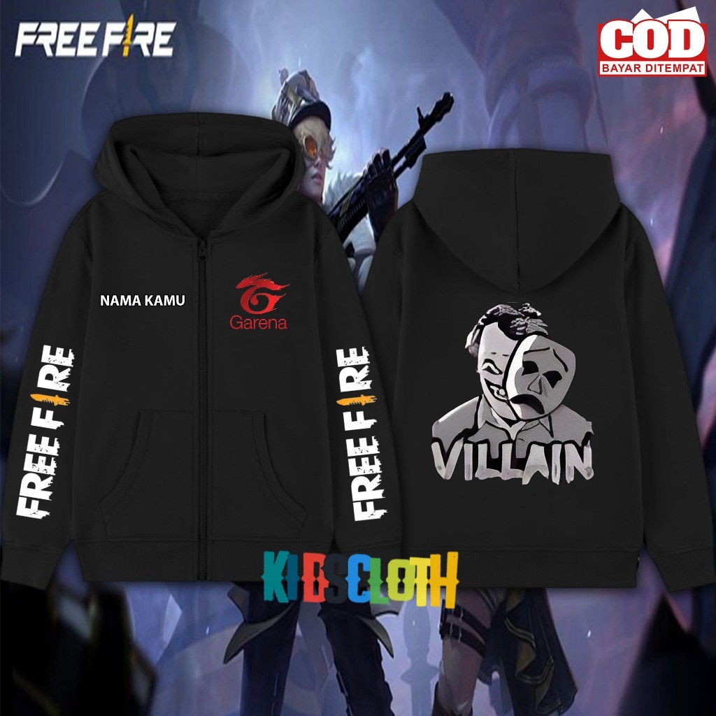 Freefire Garena ทีม Villian ชายหญิงซิป Hoodie / Freefire Garena ทีม Villian เด็กซิปแจ็คเก็ต