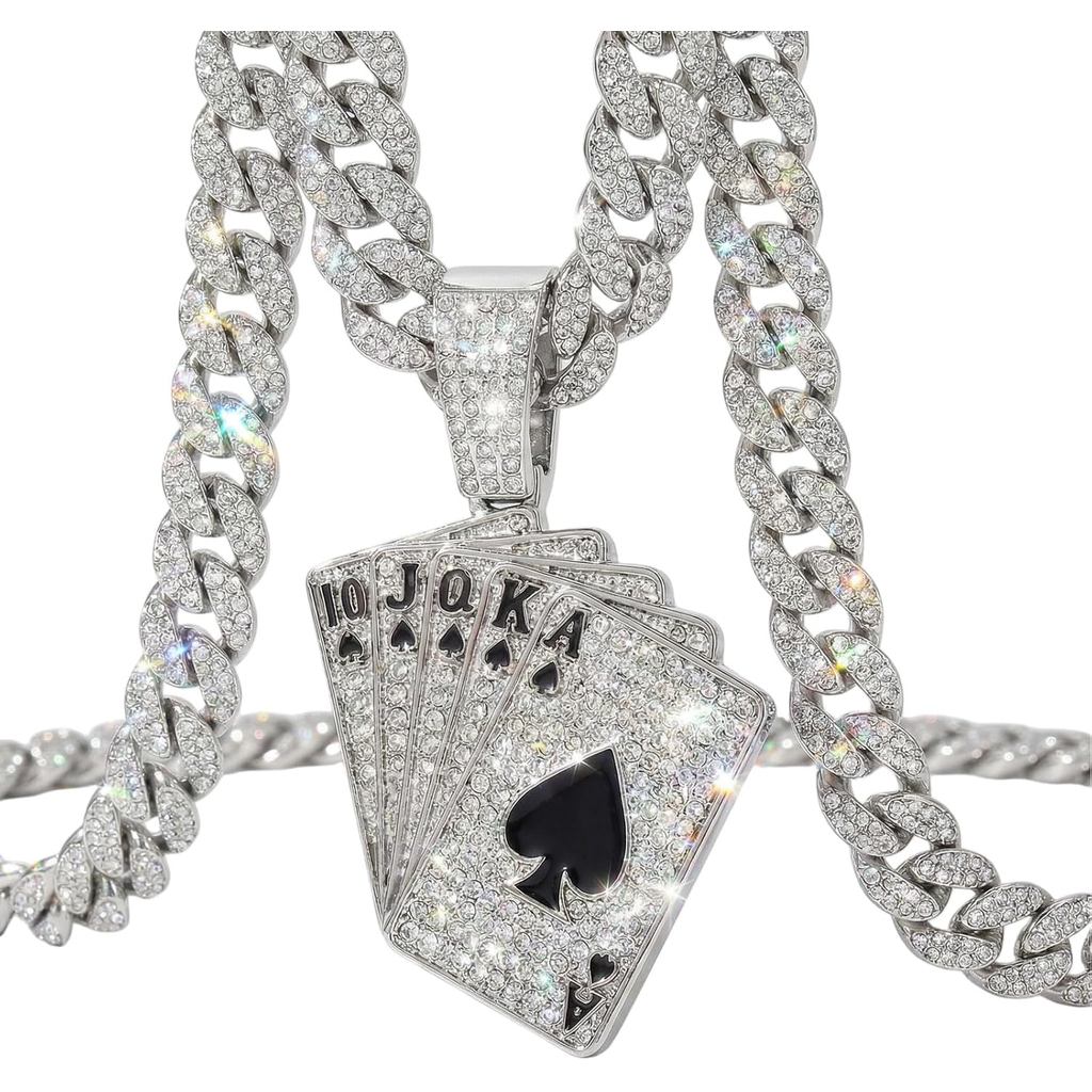 Iced Out Miami Cuban Link Chain พร้อม Royal Flush Playing Card จี้, 20 นิ้ว Silver Gold Plated Hip H