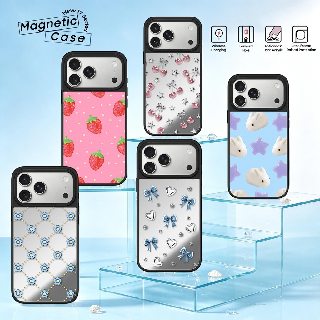 โบว์หัวใจดอกไม้เชอร์รี่สตรอเบอร์รี่กระต่ายดาวพิมพ์กระจกเคสโทรศัพท์น่ารักฟองสไตล์กันกระแทกฮาร์ดปกอะคริลิสําหรับ ไอโฟน 17 16 อากาศ 12 13 14 15 บวก มือโปร สูงสุด ปลอก