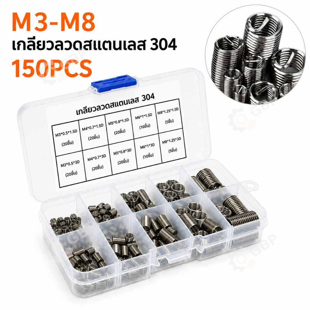 สปริงซ่อมเกลียว 304 สแตนเลส 150ชิ้น M3 M4 M5 M6 M8 ชุดซ่อมเกลียว ซ่อมเกลียวรูด เพิ่มความแข็งแรง พร้อมกล่อง