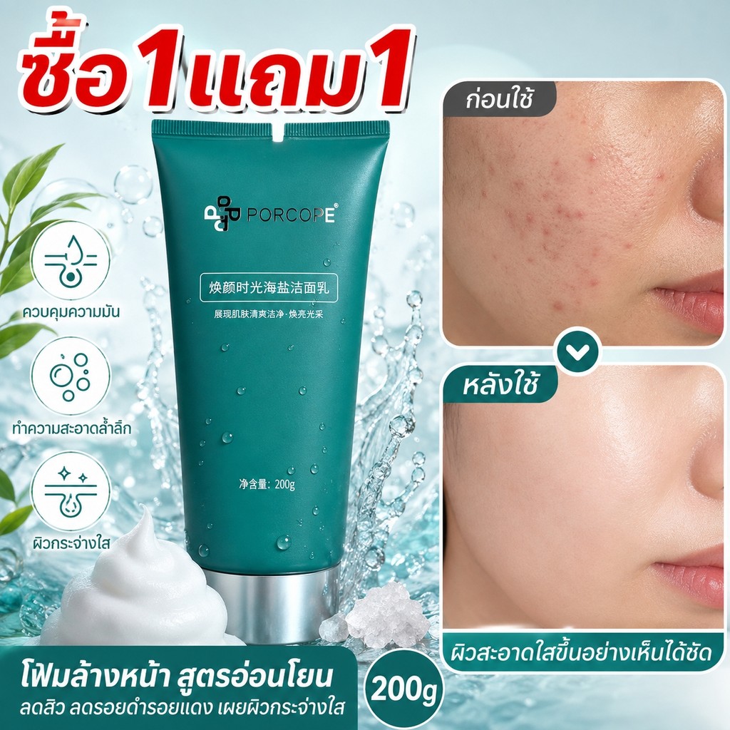 【PORCOPE】โฟมล้างหน้า 200g สูตรอ่อนโยน สำหรับผิวมันและเป็นสิวง่าย คุมมัน ทำความสะอาดล้ำลึก ผิวดูกระจ่