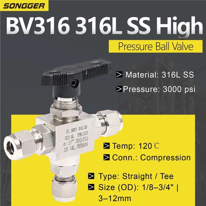 U8ZV 316L สแตนเลส Double Ferrule บอลวาล์ว 3000 PSI ท่อบีบอัด OD 1/8-1/2′ ตรงสาม-Way Instrumentation