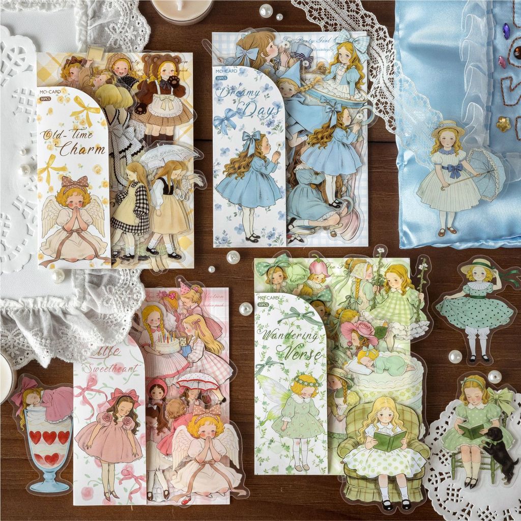 P PET White Ink สติกเกอร์ Pack Tea Party Girl Series Light Retro Fairy Tale สาวรูปแบบคู่มือ diy ภูมิทัศน์ตกแต่ง