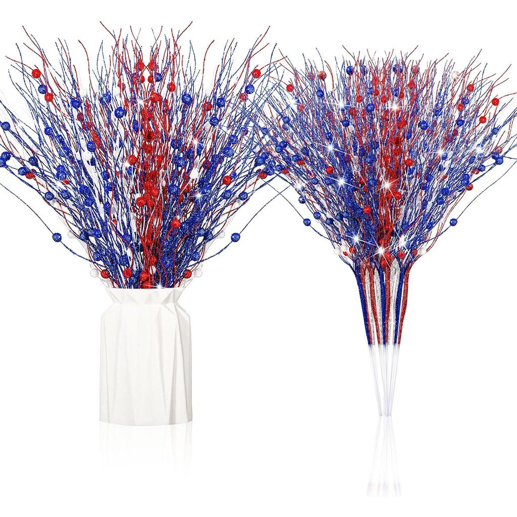 Giegxin 32 Pack 4th of July Centerpiece ตกแต่งสีแดงสีขาวสีฟ้า Patriotic Berry Stem Picks สําหรับแจกั