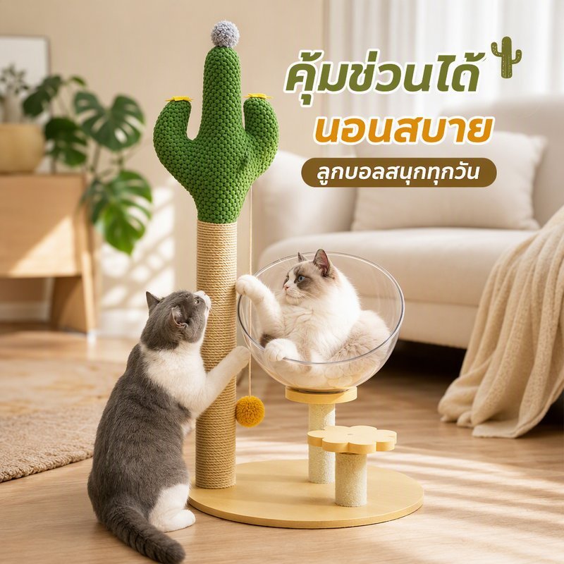 คอนโดแมว ที่ลับเล็บแมว เชือกป่านแน่น พร้อมรางบอล ของเล่นแมว ที่นอนแมว ทนข่วน BHQ