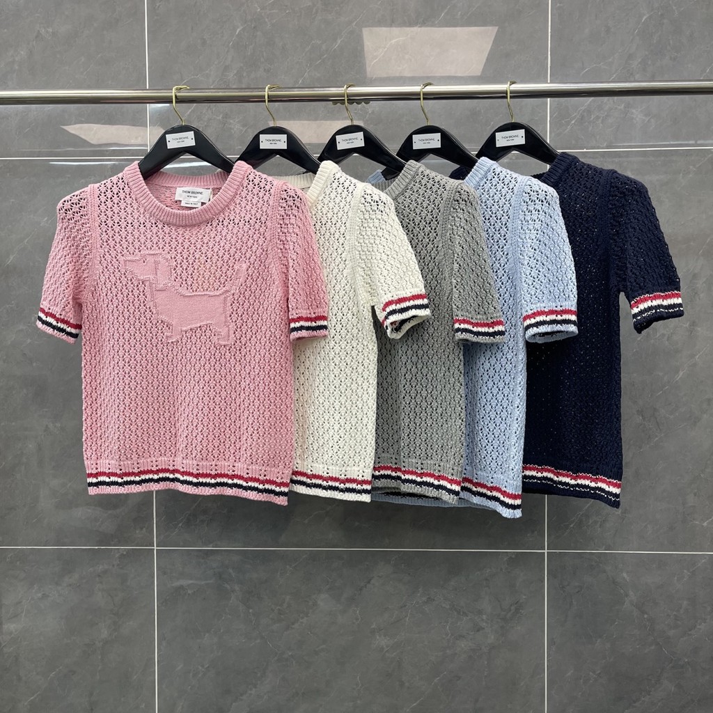 6YXH ฤดูร้อนสไตล์ใหม่หน้าอกลูกสุนัขรูปแบบ Hollow รอบคอถักแขนสั้น Slimmer ดูแฟชั่น All-Match ผลิตภัณฑ