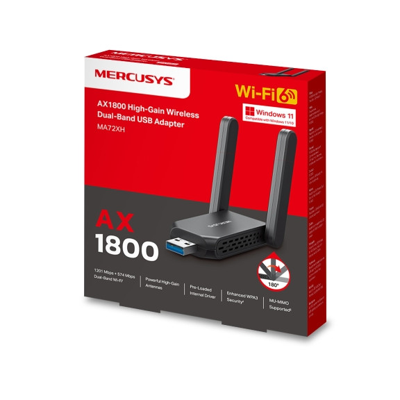 ตัวรับสัญญาณ USB Wifi MERCUSYS MA72XH AX1800 (พร้อมเสาอากาศ, Windows)