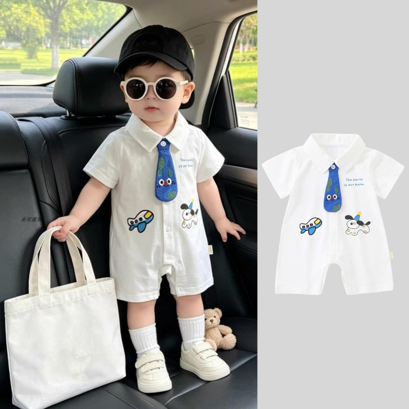 บอดี้สูทเด็กฤดูร้อนแขนสั้นเหมาะสมกับชายหญิงแฟชั่นเกาหลีปก ชุดรอมเปอร์ + ผูก 0-2ปีทารกแรกเกิดเสื้อผ้า