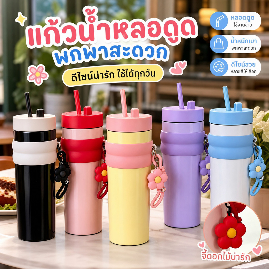 แก้วน้ำพลาสติก 900ml โดปามีน ดีไซน์เก๋ ใส่ในรถได้ พร้อมหูหิ้วและหลอด ชายหญิง