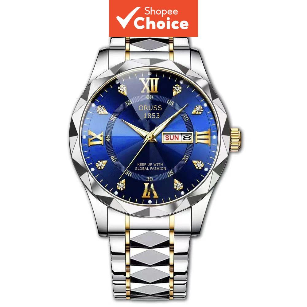 Oruss Men Gold Big Luminous Dial Quartz Watch ปฏิทินวันที่