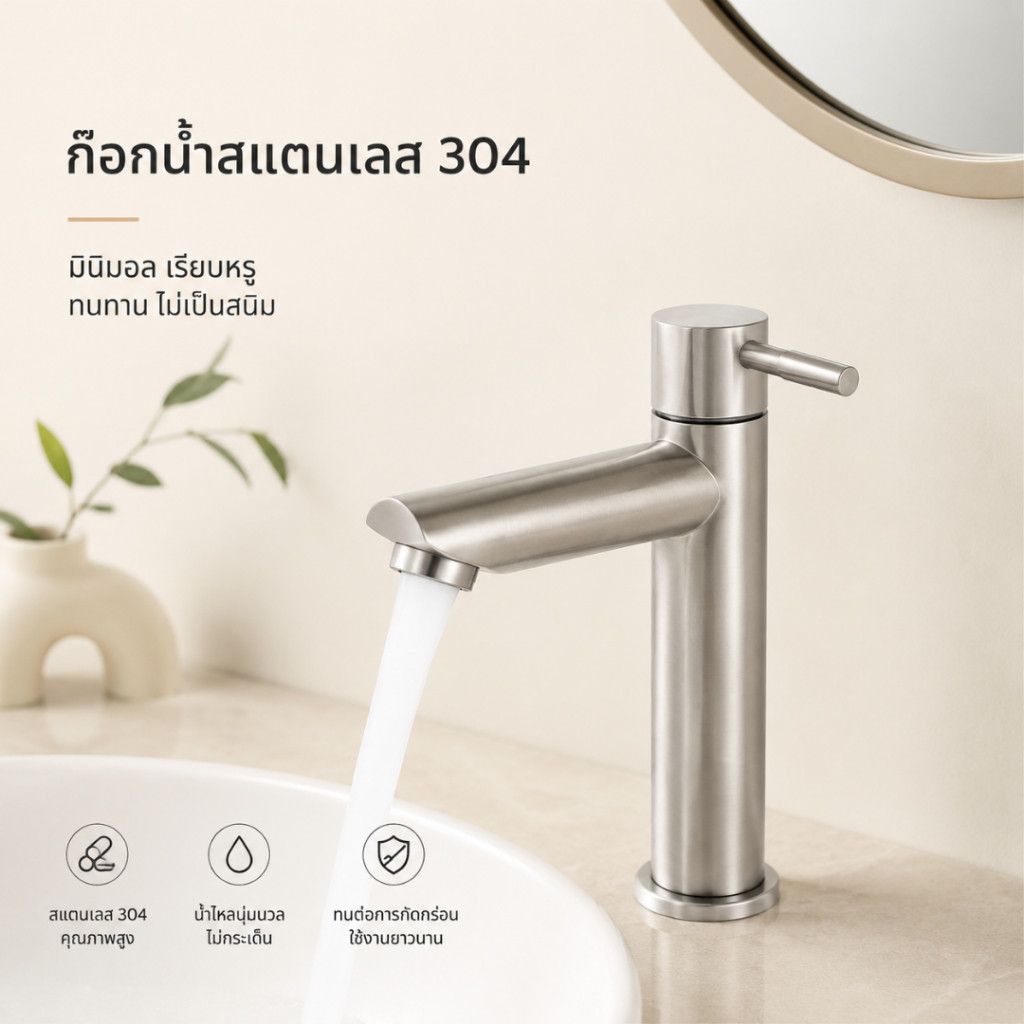 ก๊อกน้ำอ่างล้างหน้า ก๊อกน้ำสําหรับอ่างล้างมือติด แบบเดี่ยว วัสดุสแตนเลส Basin Faucet รหัสสินค้า FF705