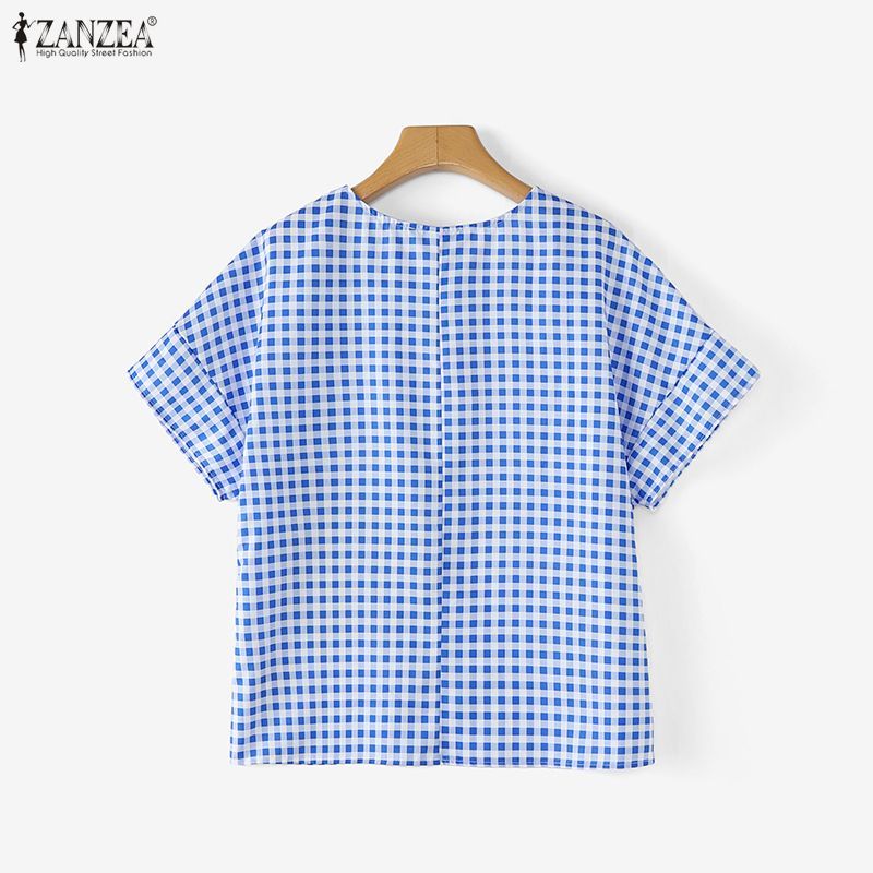 ZANZEA ผู้หญิงเกาหลีวินเทจ Kawaii ลูกเรือคอ Raglan แขนการ์ตูนพิมพ์ลายสก๊อตเสื้อหลวม — صورة 8