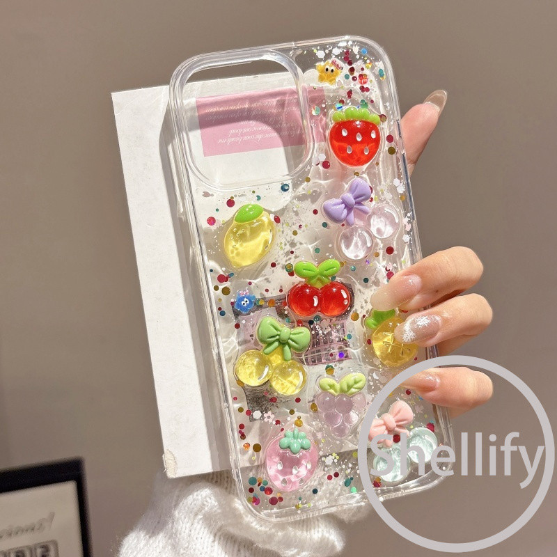 Shellify Creative 3D Drop กาว 3D Fruit Party เคสโทรศัพท์เหมาะสําหรับ iPhone 11 12 13 14 15 16 17 Pro Max โปร่งใสรวมทุกอย่าง Anti Drop ฝาครอบซิลิโคน