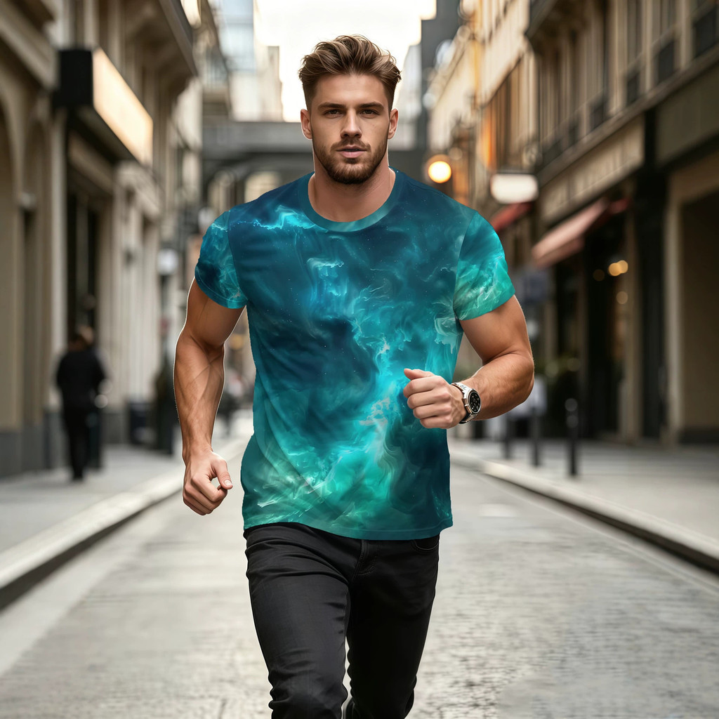 Blue Fluid Nebula Print เสื้อยืดคอกลมลําลองผู้ชาย Cross-Border Exclusively Supply เสื้อยืด