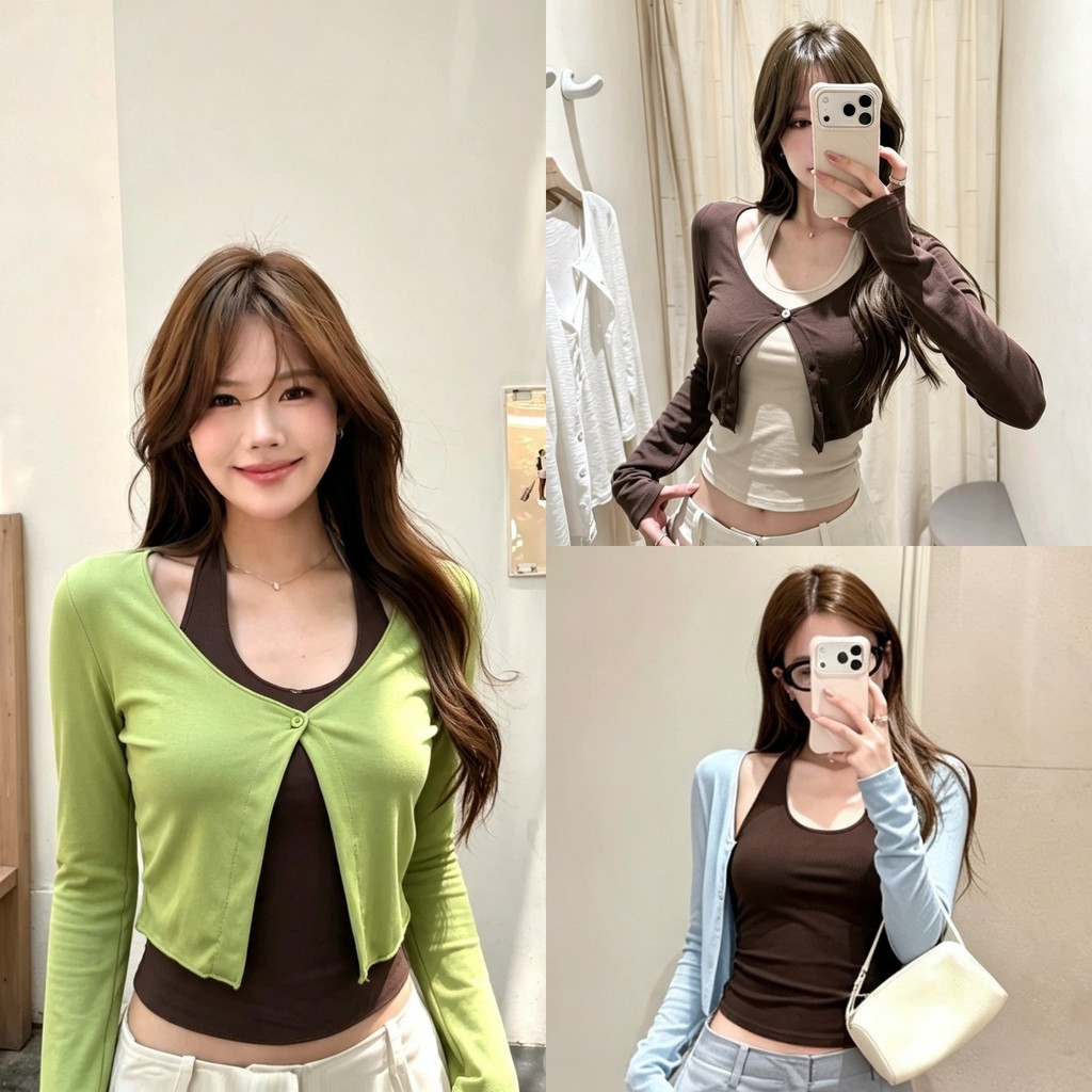 Beryl พร้อมส่ง เสื้อแขนยาวผู้หญิง เสื้อปลอม2ชิ้นผู้หญิง ดีเทลคอฮาล์เตอร์ แสดงเส้นคอไหปลาร้า ได้ลุคเกิร์ลสวยเซ็กซี่