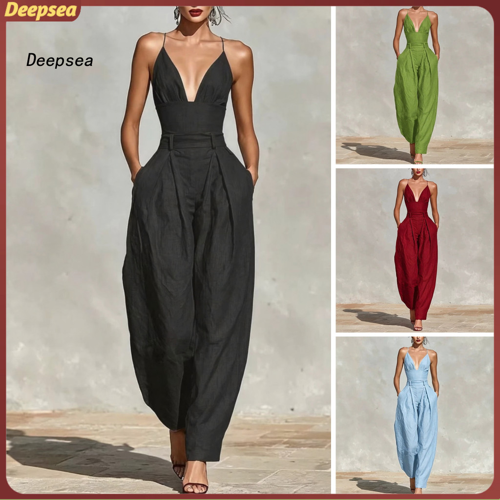 DPA ผู้หญิงs ฤดูร้อน Jumpsuit แขนกุดสปาเก็ตตี้สายคล้องคอ V คอชิ้นเดียวพร้อมกระเป๋าน้ําหนักเบาโดยรวมส