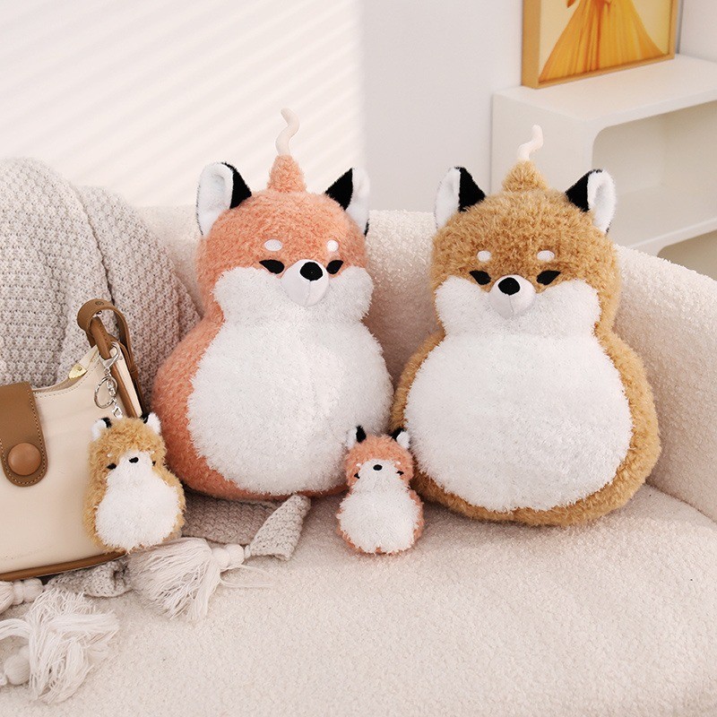 Fox Plush Toy Round Brown Fox Pink Fox Doll with White Belly Black Ear Tips for Collection