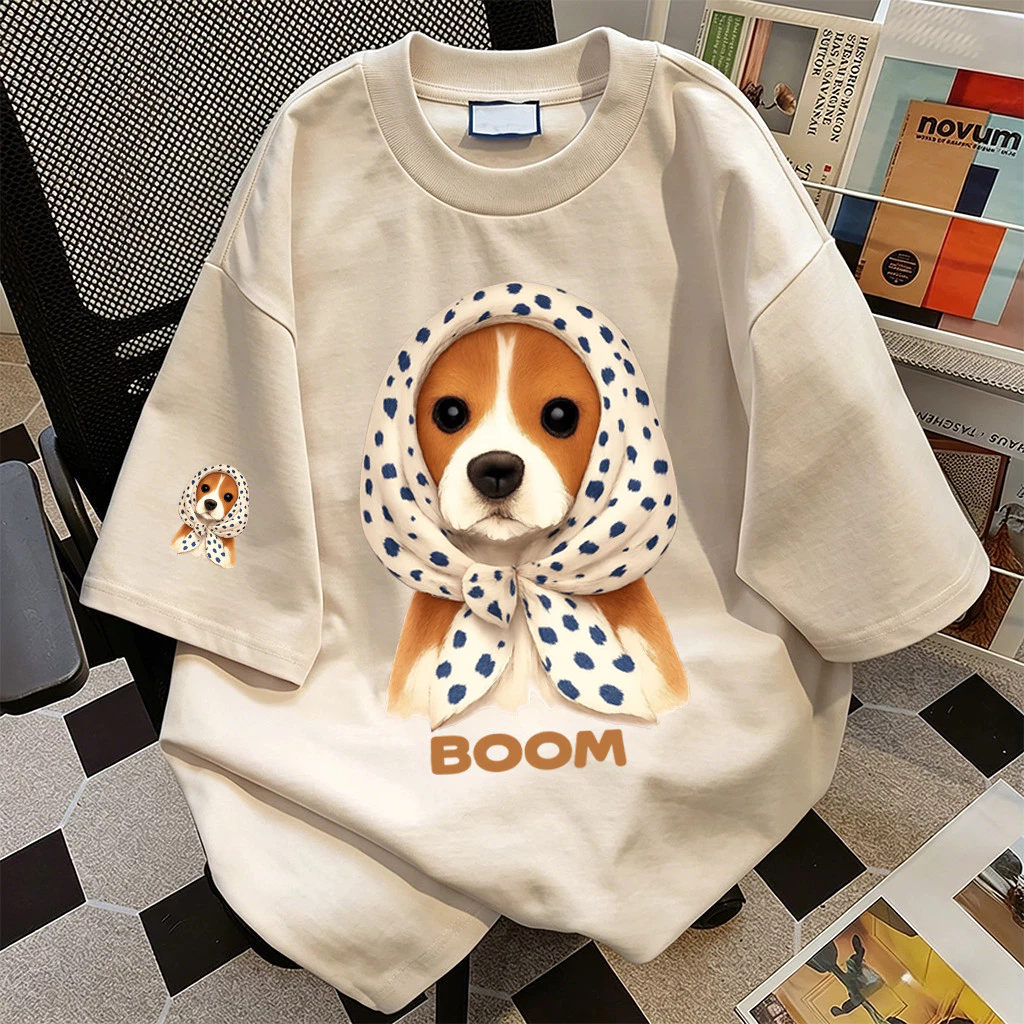 เสื้อยืดโอเวอร์ไซซ์ผู้หญิง ผ้านุ่มหนา Polka dot bandana Corgi แฟชั่นสไตล์เกาหลี