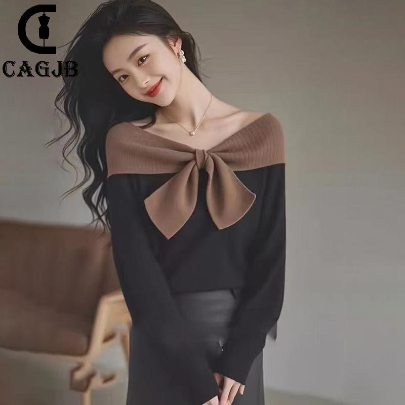 [CAGJB] ผู้หญิงโบว์หวาน Colorblock แขนยาวรอบคอ Casual Eleagnt เสื้อถัก UOM