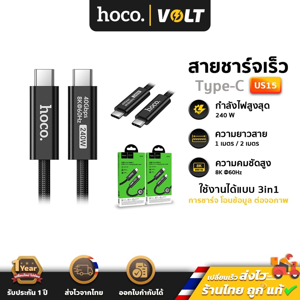 HOCO US15 สายชาร์จไว TC - TC 3in1 รองรับ 240W + เคเบิล ต่อภาพ&เสียงออกจอ 8K @60Hz + ส่งข้อมูล 40Gbps