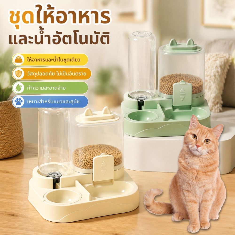 ที่ให้อาหารสัตว์เลี้ยง สเตนเลส ที่ให้น้ำสัตว์เลี้ยง ที่ให้อาหาร-น้ำอัตโนมัติ เกรดพรีเมี่ยม 2IN1