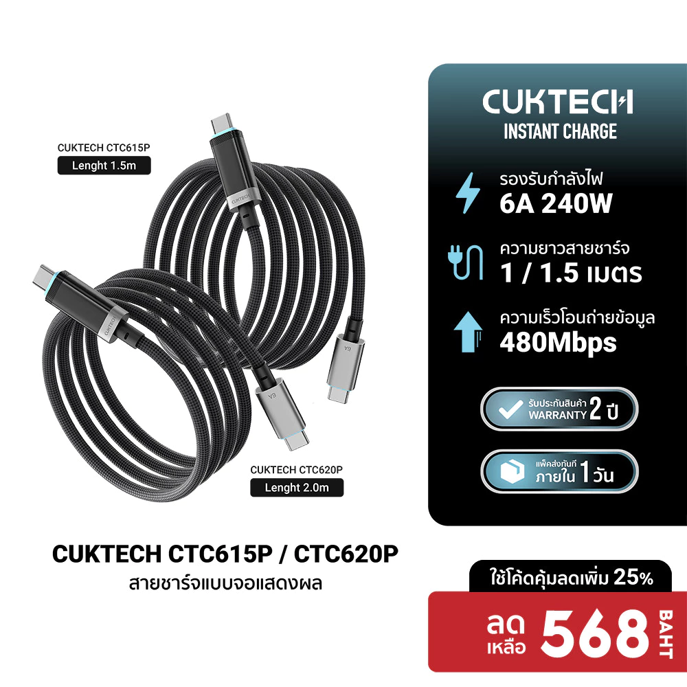 CUKTECH CTC615P / CTC620P 6A 240W สายชาร์จมีจอ USB-C to USB-C รองรับชาร์จเร็ว PD3.1 จอ OLED -24M
