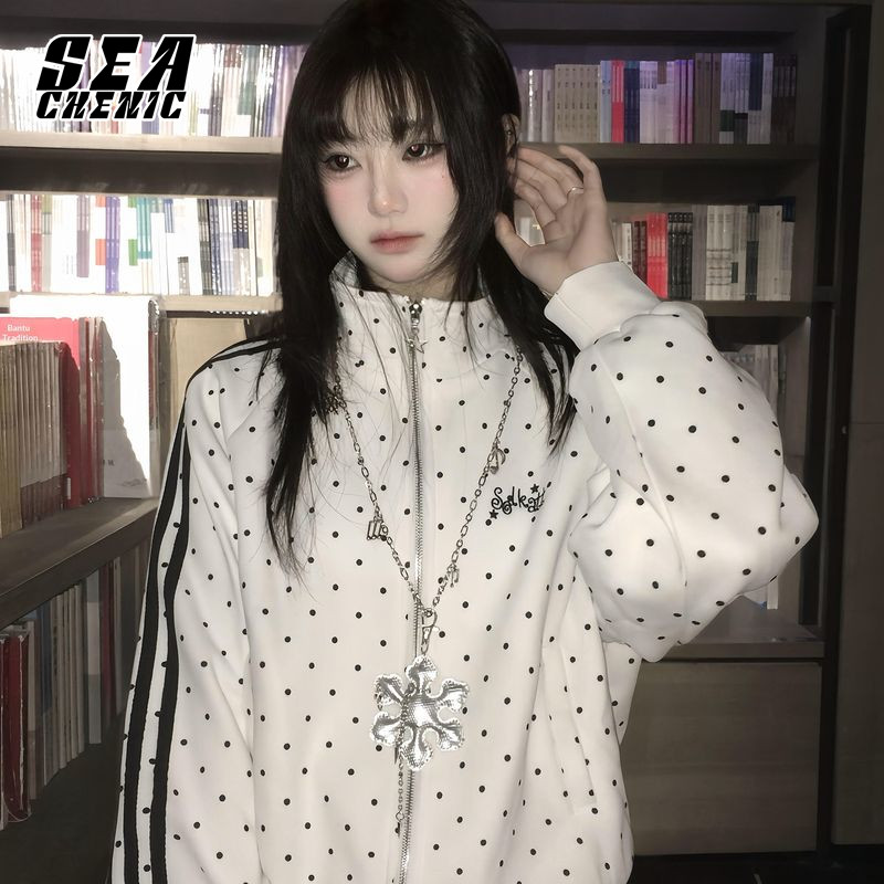 Retro Polka Dot Stand Collar Zip-Up Hoodie สําหรับผู้หญิง Y2K Streetwear สไตล์