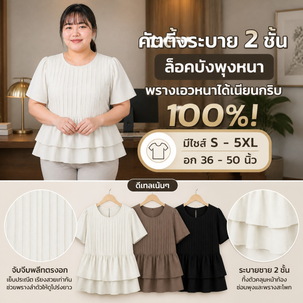 เสื้อสาวอวบดีเทลจีบหน้า มีไซส์ S-5XL ชายระบาย 2 ชั้น พรางหุ่นสับ แขนตุ๊กตาบานพรางแขนใหญ่ ใส่แล้วดูผอมน่ารักมาก