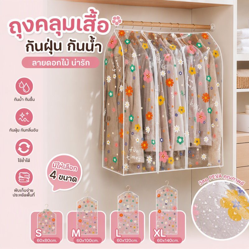 ถุงคลุมเสื้อกันฝุ่น PEVA กันน้ำ กันชื้น กันกลิ่นอับ ใช้ซ้ำได้ พับเก็บได้ 4 ขนาด ลายดอกไม้