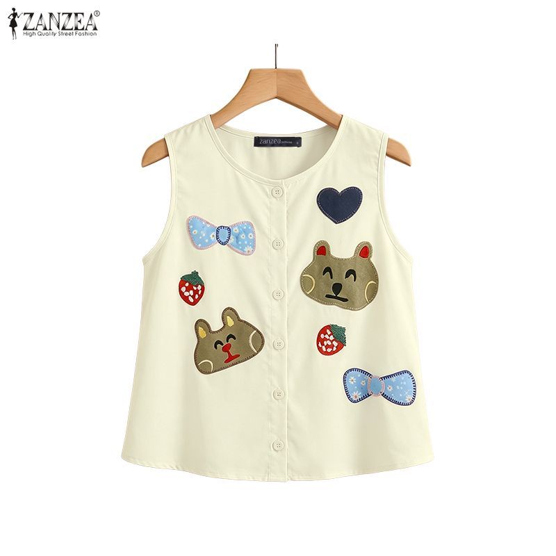 ZANZEA ผู้หญิงเกาหลีเรียบง่ายแขนกุดคอกลมหลวมการ์ตูนพิมพ์ Tank Tops — صورة 5