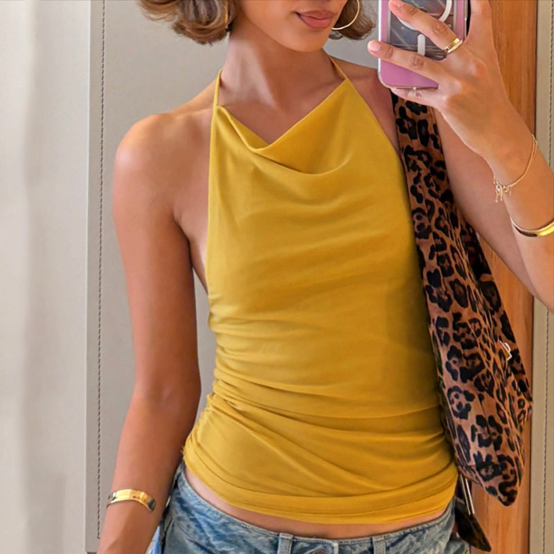 คล้องคอ เสื้อแขนกุดผู้หญิง Backless Pleated เอ็มesh Hangin Neck เอสexy Women Tops เสื้อคล้องคอผู้หญิ