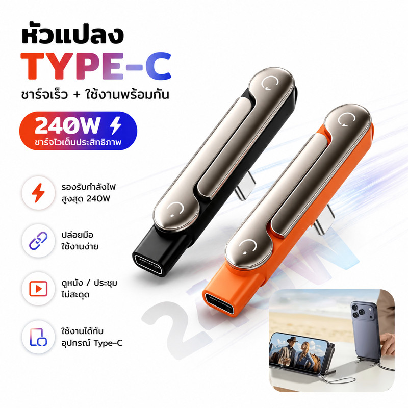 อะแดปเตอร์แปลงพอร์ต 2in1 เป็นขาตั้งในตัว Type-C หัวงอ 90° จ่ายไฟสูงสุด 6A PD 240W ดีไซน์พับเก็บได้