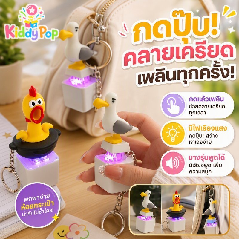 พวงกุญแจอยู่ไม่สุขพิกเซลนกคลิกปุ่มเรืองแสงแสงพูดคุยเสียงกระเป๋ามินิเสน่ห์ความเครียดบรรเทา