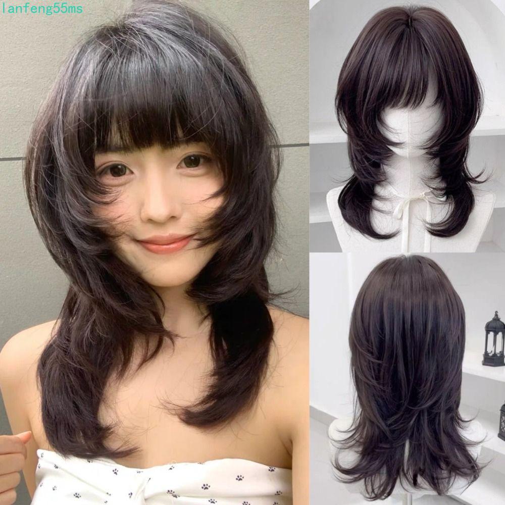 LANFENG แมงกะพรุนวิกผม Bangs, สังเคราะห์สีน้ําตาลสีดําขนาดกลางตรง Layered วิกผม, Full Head Mullet ตั