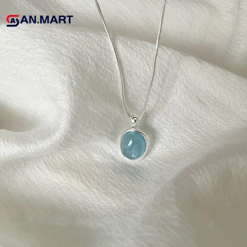AN.MART Simple Retro Oval Aquamarine จี้ Nelace สําหรับผู้หญิงสาวหรูหรางูโซ่ Nelace แฟชั่นอารมณ์เครื